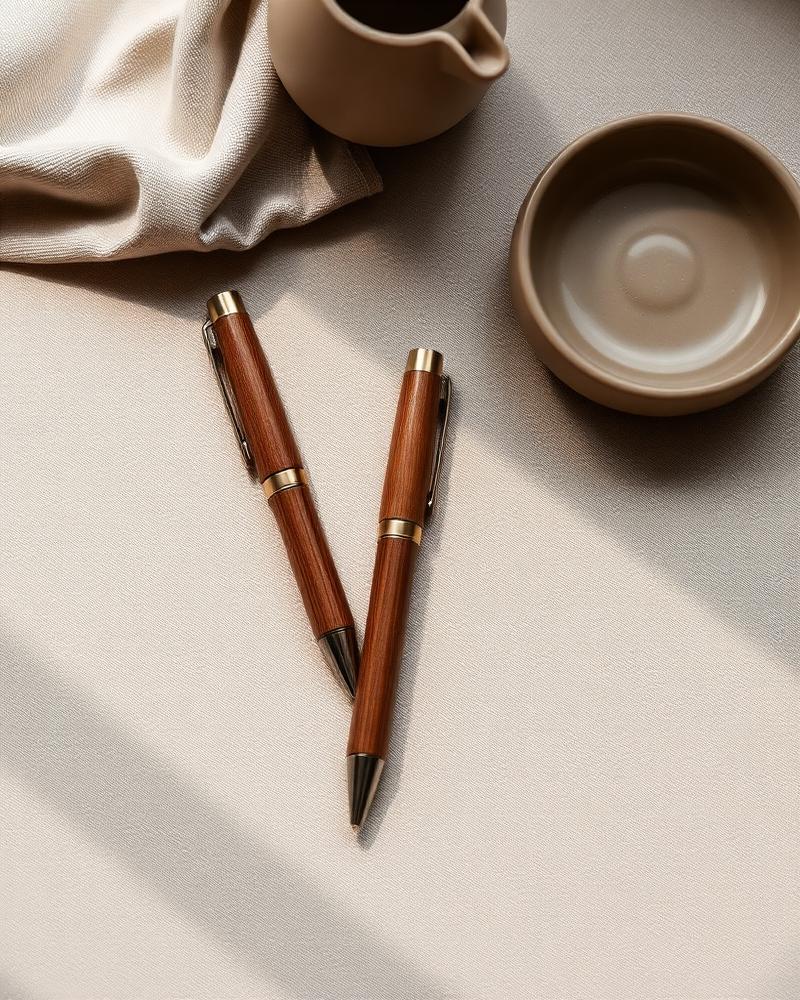 Handcrafted wooden bolt-action pens on linen